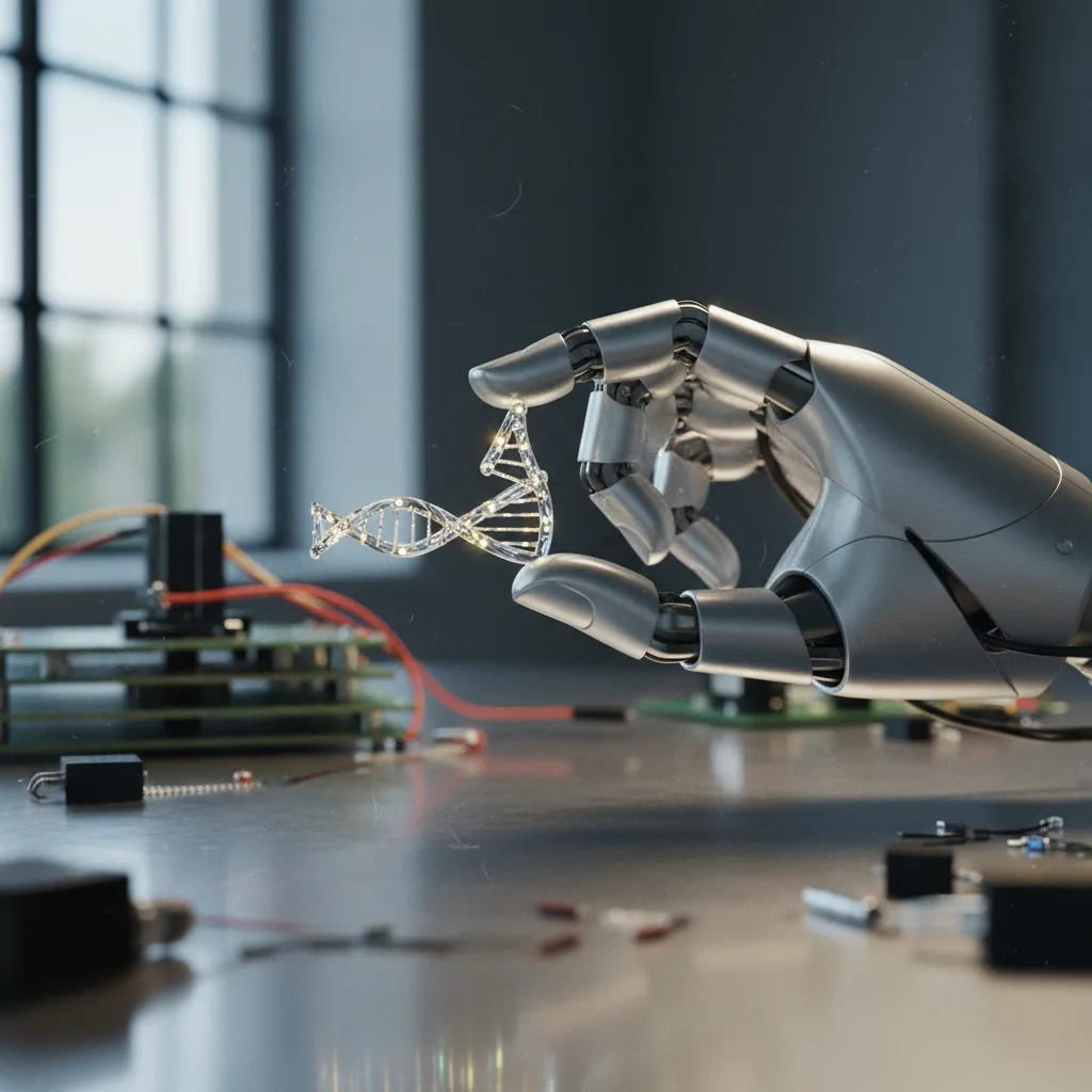 Main robotique articulée saisissant un composant délicat en laboratoire