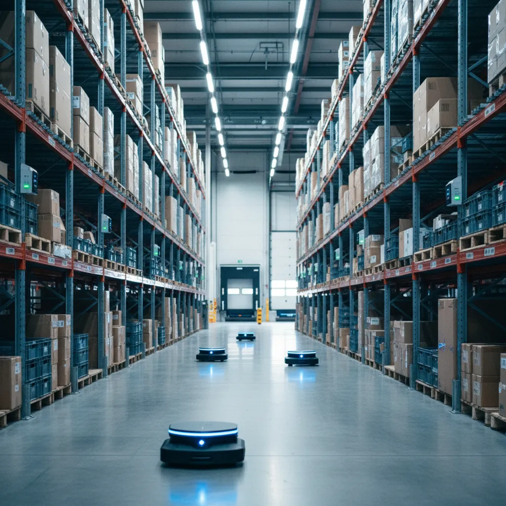 Robots mobiles autonomes en action dans un entrepôt logistique moderne