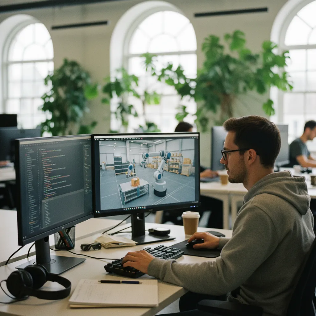 Développeur travaillant sur une simulation robotique dans un espace de coworking