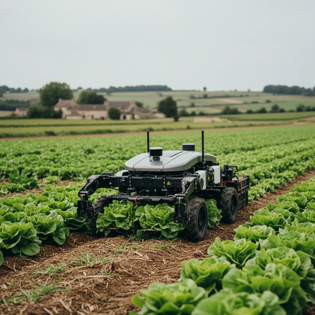 Robot agricole autonome utilisant l'IA pour le désherbage de précision dans un champ de cultures