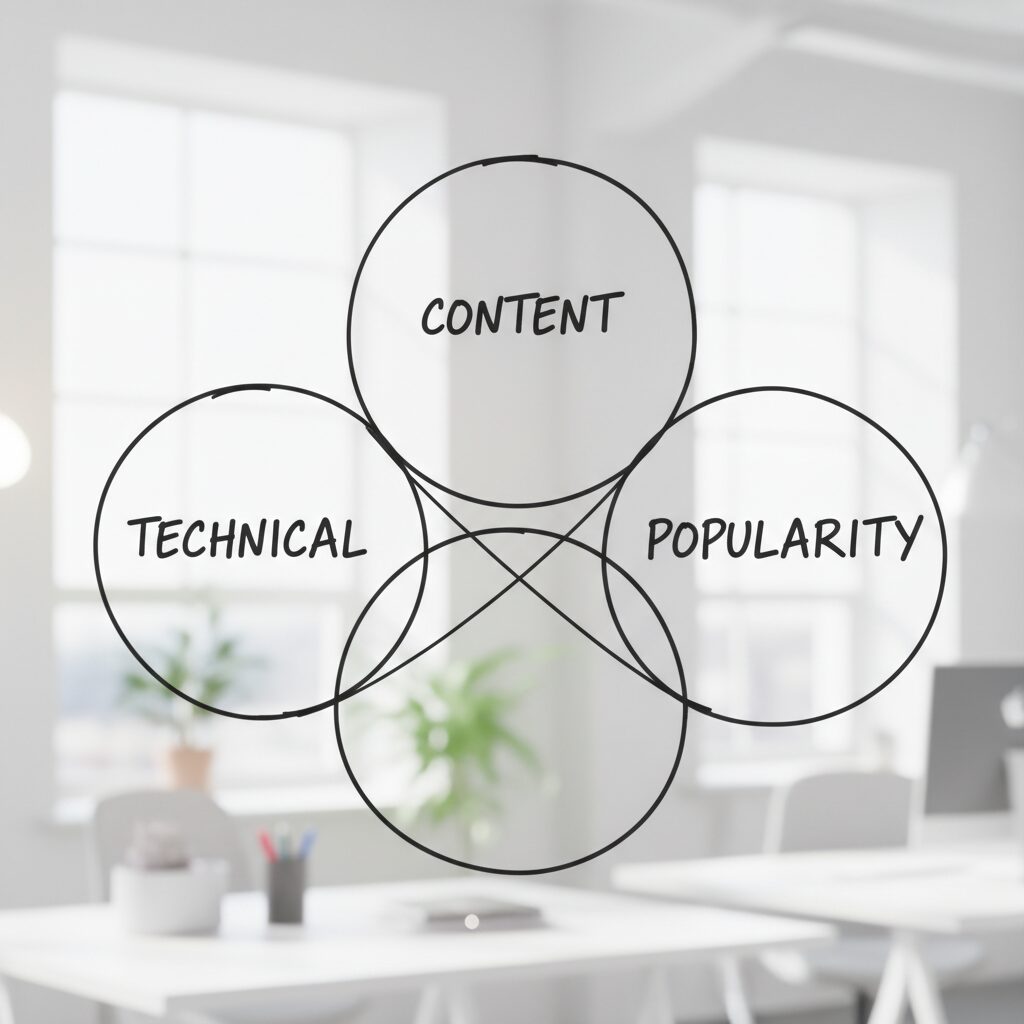 Tableau blanc montrant les trois piliers interconnectés du référencement naturel