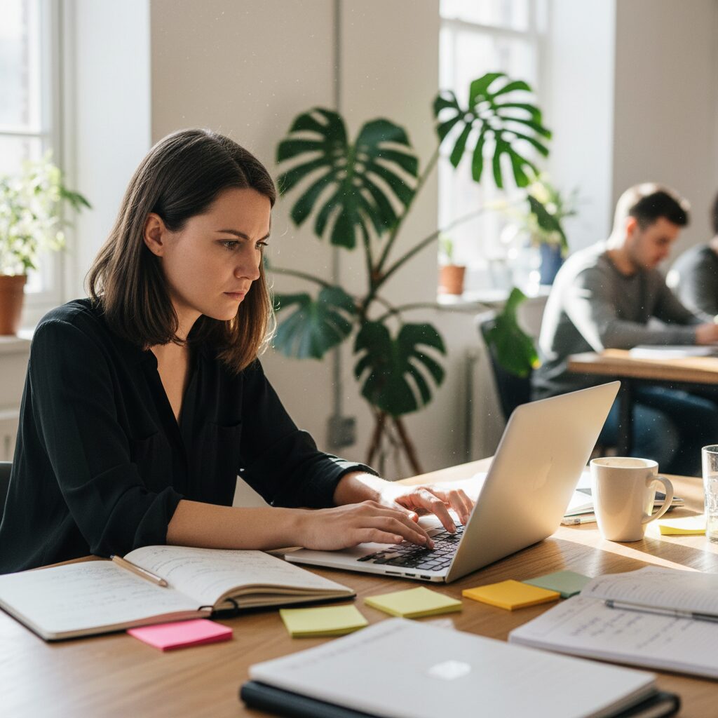 Rédacteur créant un contenu optimisé SEO dans un espace de coworking lumineux