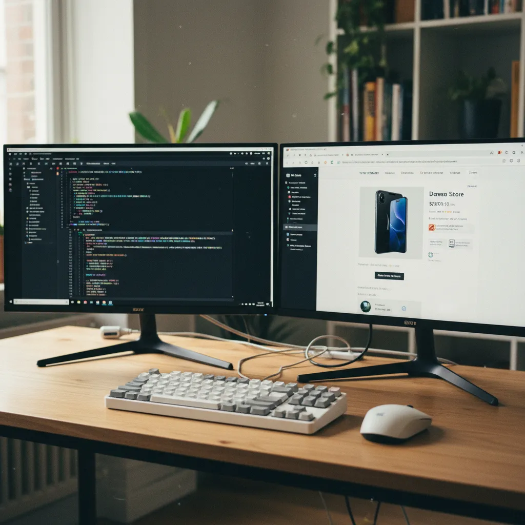 Poste de travail développeur avec un éditeur de code et une boutique en ligne affichée à l écran