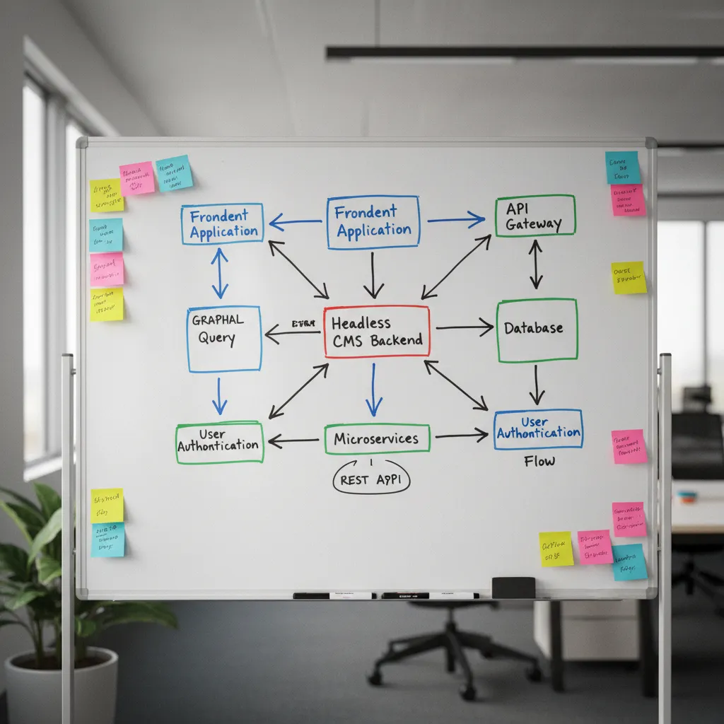 Schéma d'architecture headless sur tableau blanc lors d'un cadrage technique client