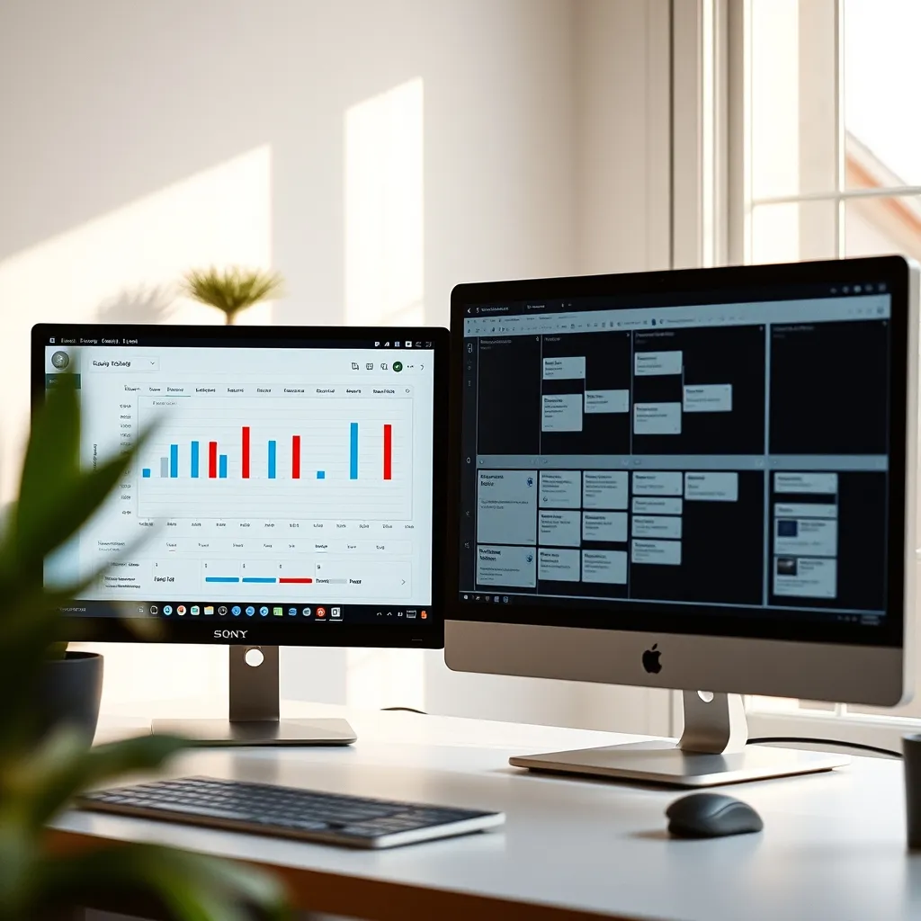 Planification détaillée avec diagramme de Gantt et tableau Kanban sur double écran