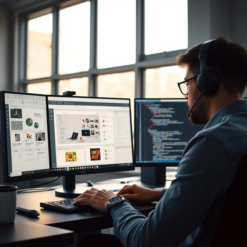 Un développeur travaille entre logiciel de design et éditeur de code en coworking