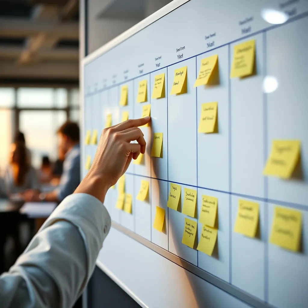 Session de sprint planning avec post-it organisés en colonnes sur tableau blanc