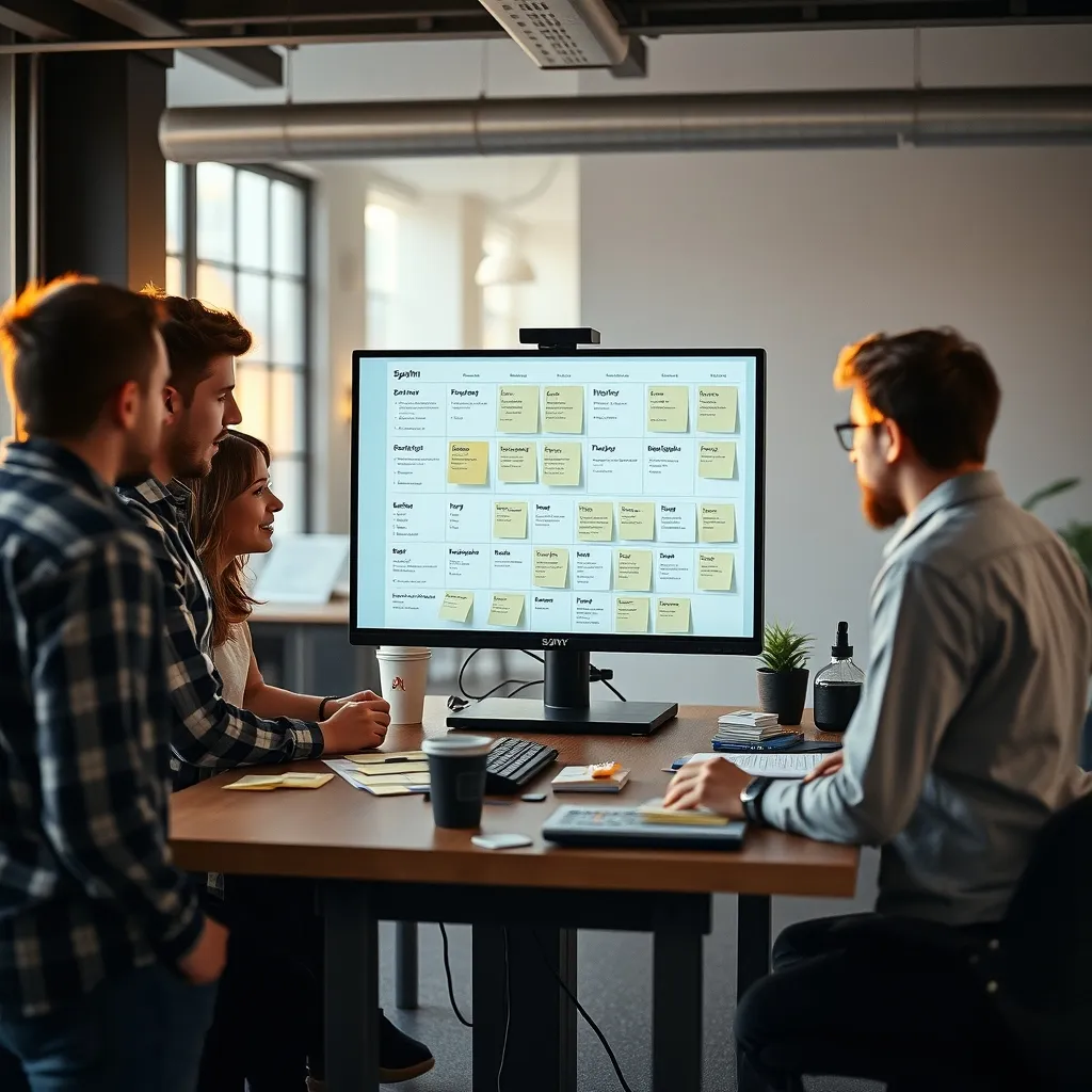 Une petite équipe de développeurs collaborant autour d'un board de sprint dans un espace de coworking