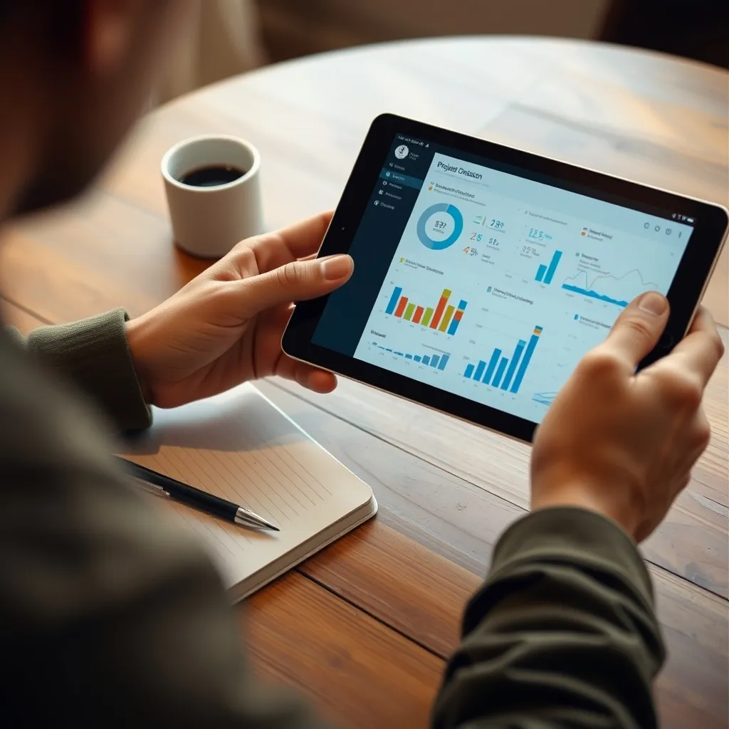 Suivi de l'avancement d'un projet sur tablette avec indicateurs visuels de progression