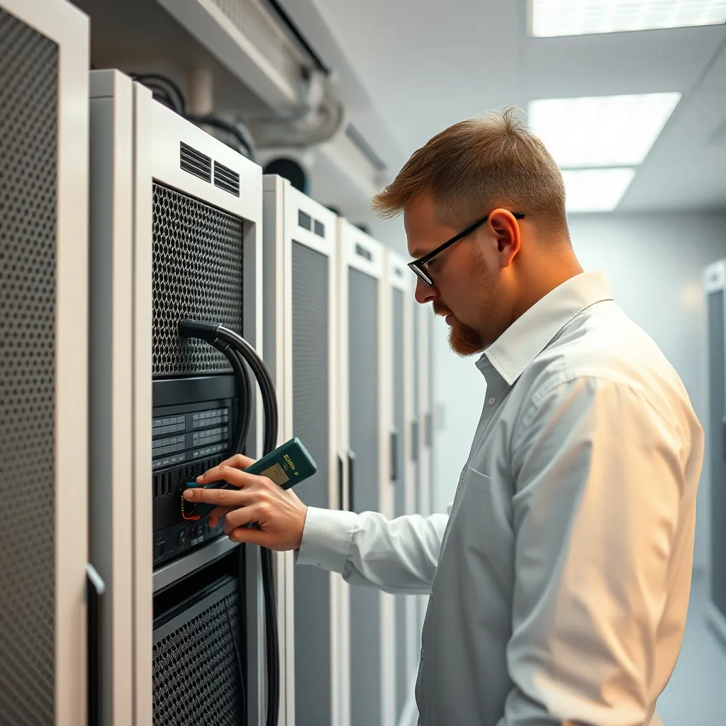 Technicien intervenant sur un serveur rack dans un datacenter d'entreprise
