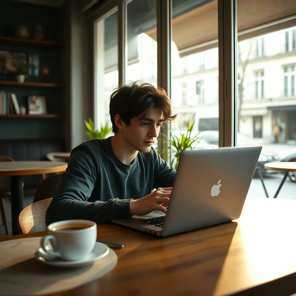 Freelance retouchant des photos pour les réseaux sociaux dans un café parisien