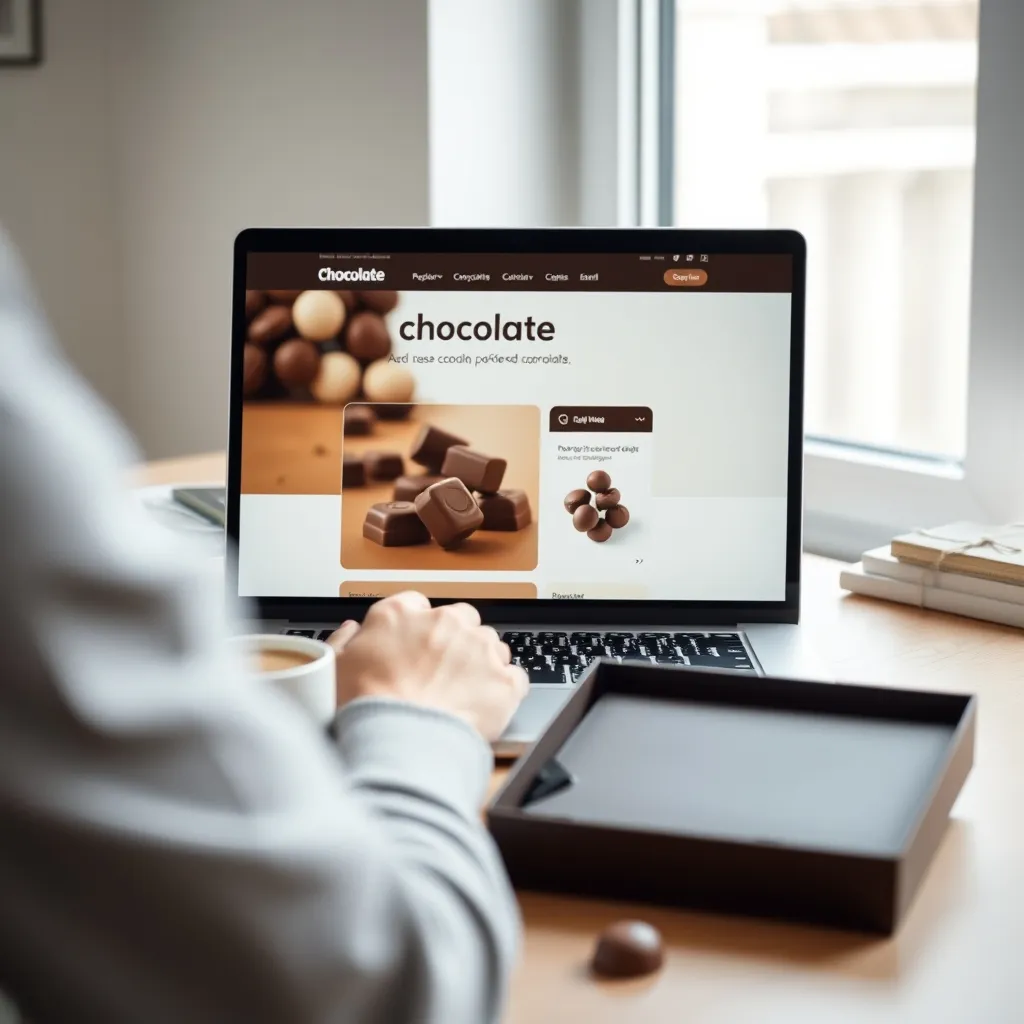 Commande de chocolat en ligne depuis un ordinateur portable dans un bureau lumineux