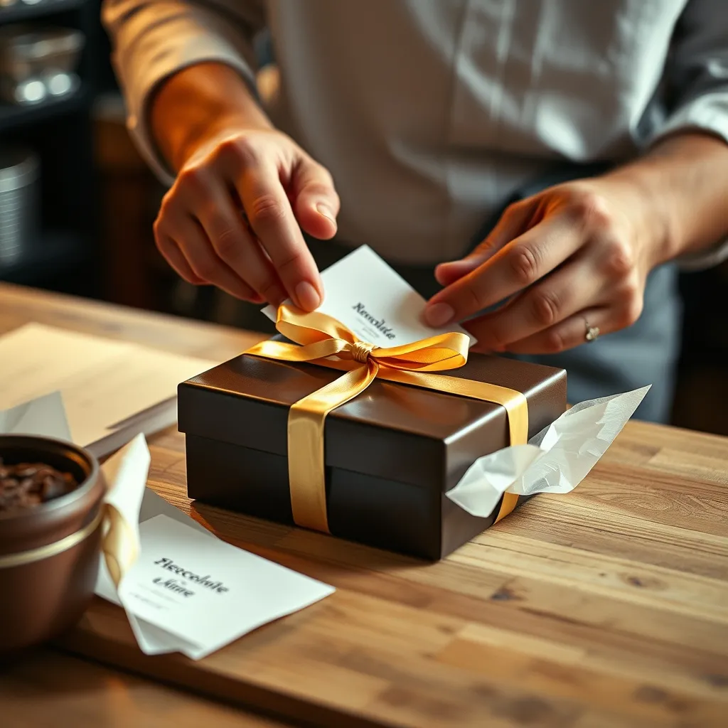 Préparation artisanale d un coffret cadeau chocolat avec ruban et carte personnalisée