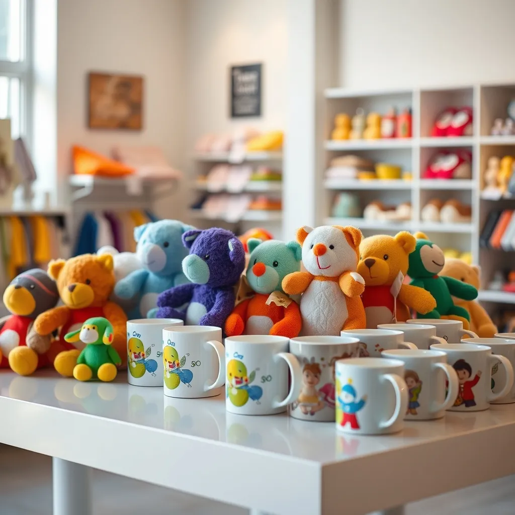 Peluches et mugs souvenirs exposés dans une boutique de parc à thème