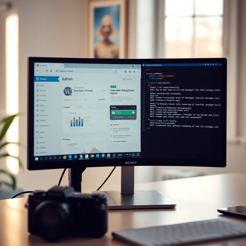 WordPress tourne en local sur le port 8080 pendant que les logs Docker défilent sur le second écran