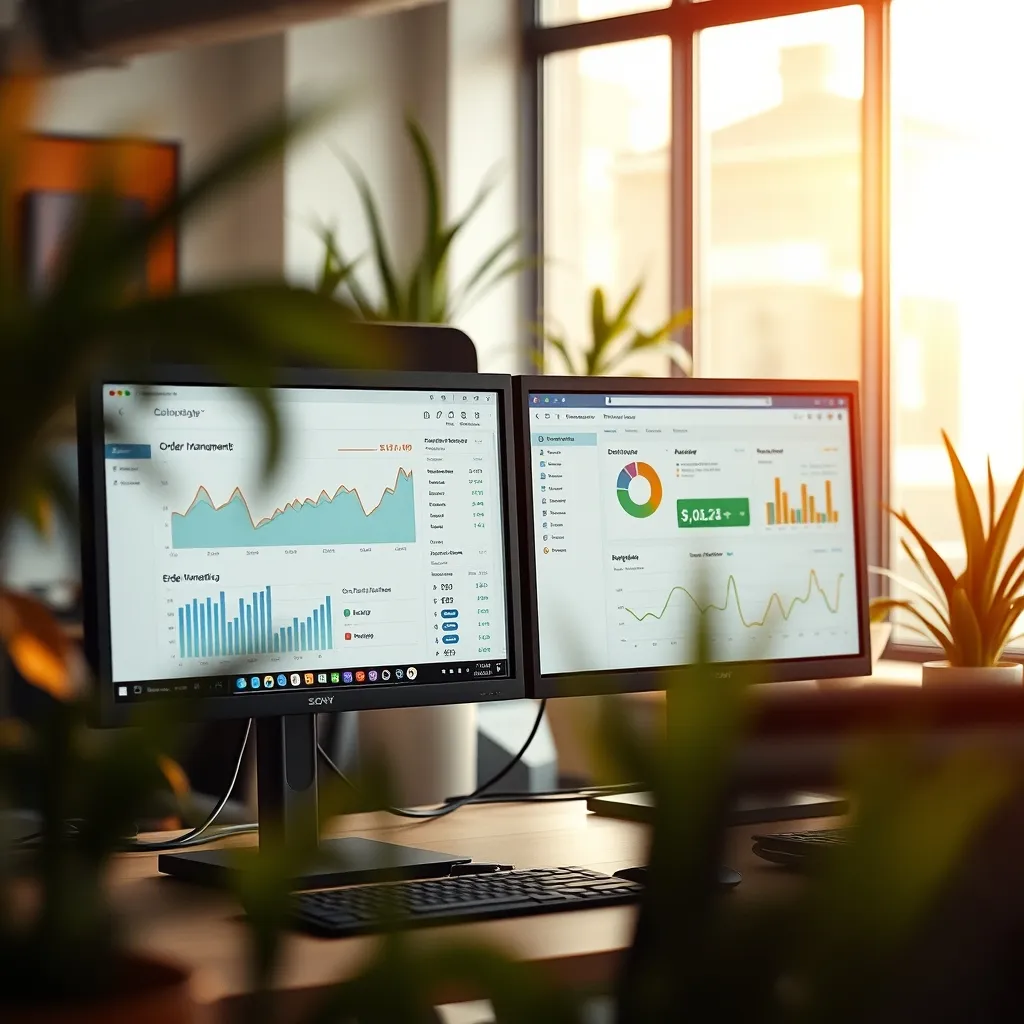Double écran affichant les analytics et le back-office d'un site marchand