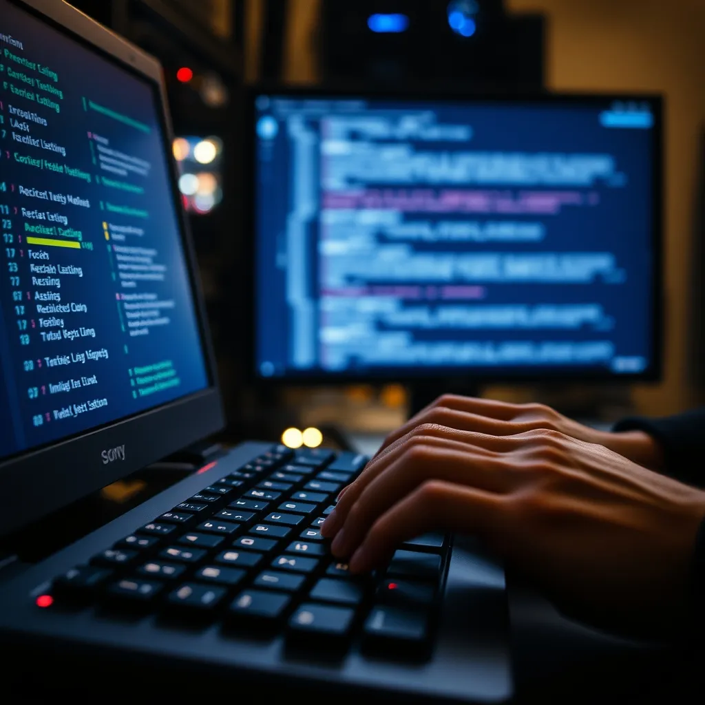 Test d'intrusion en cours sur un terminal, avec un rack serveur en arrière-plan