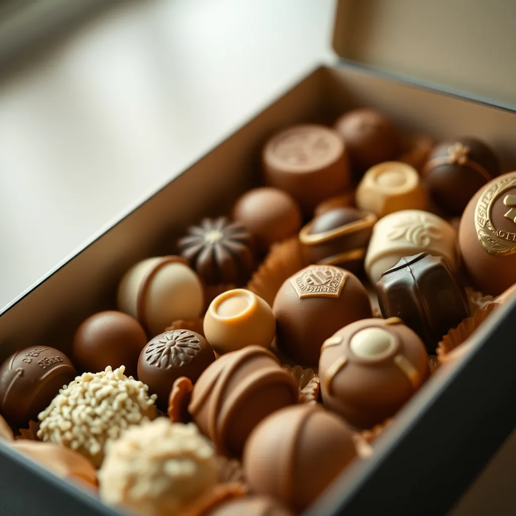 Vue détaillée d'un coffret de pralinés artisanaux aux textures variées