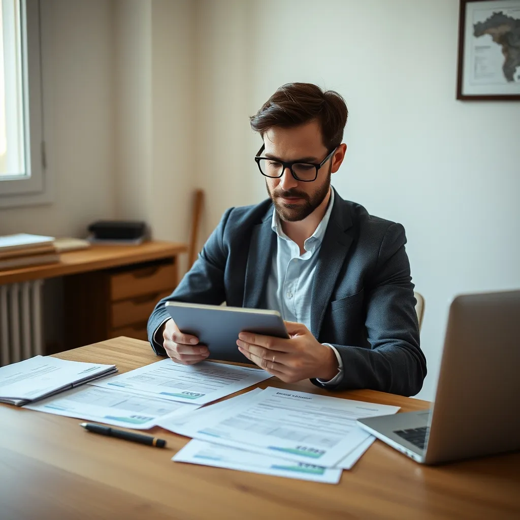 Dirigeant de TPE analysant ses factures et indicateurs de gestion sur tablette