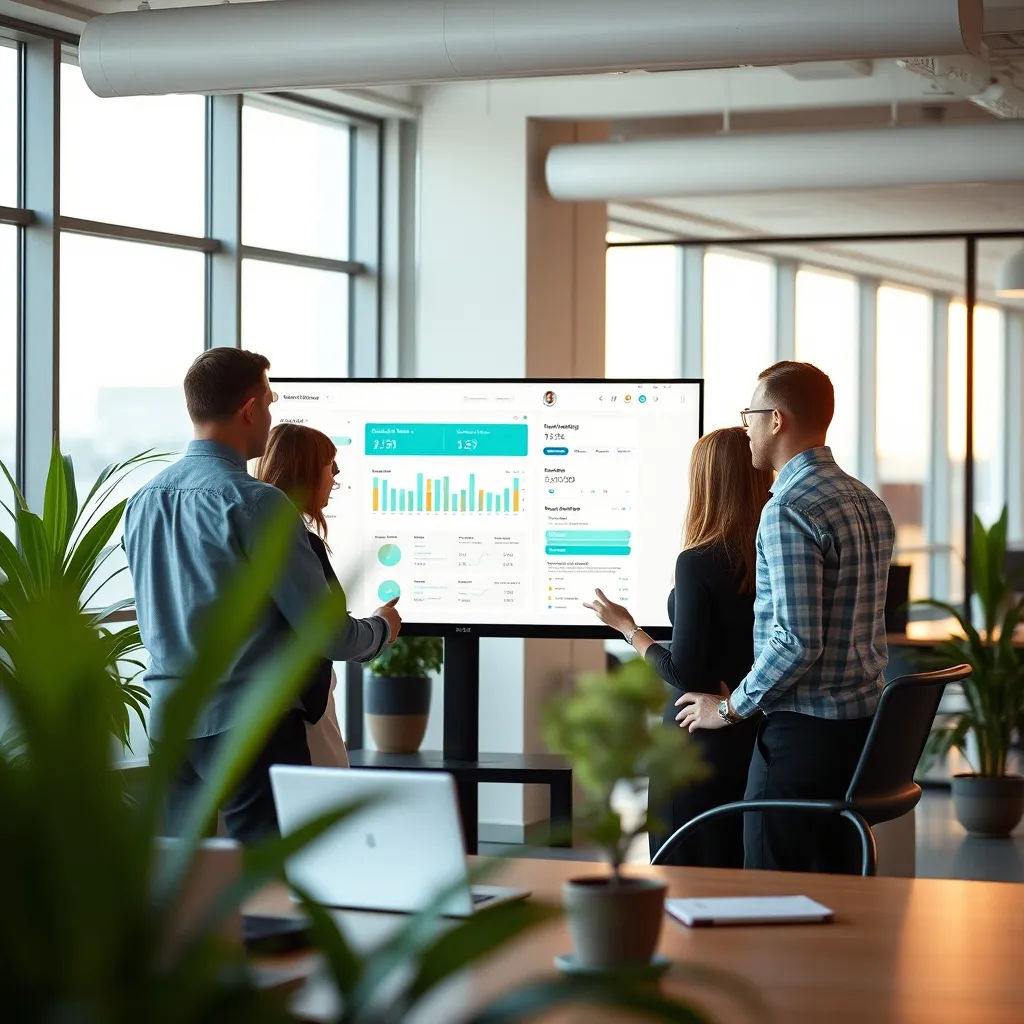 Équipe PME collaborant autour d'un logiciel CRM sur grand écran
