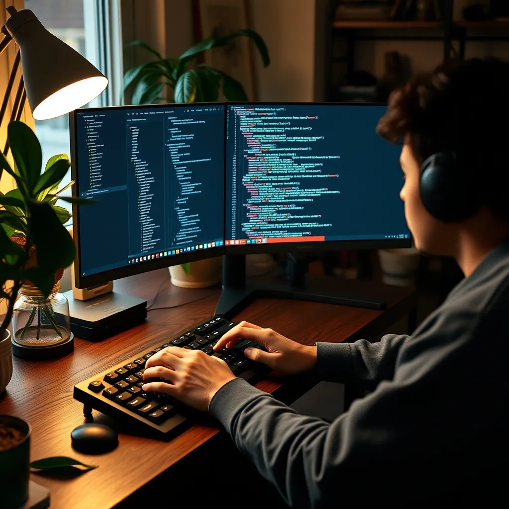 Un développeur freelance utilisant un assistant IA pour écrire du code sur son poste de travail