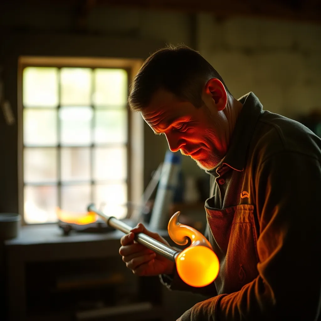 Artisan souffleur de verre au travail devant le four de l atelier de Bréhat