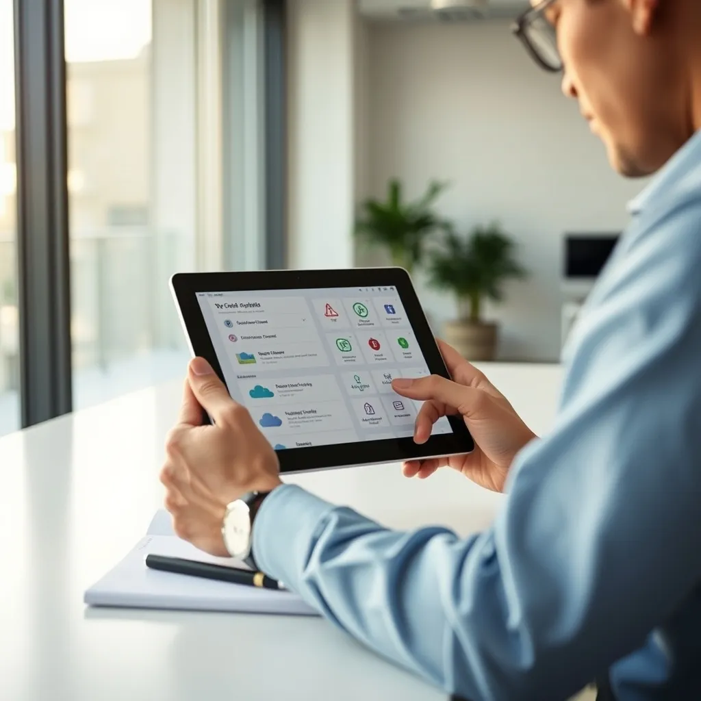Navigation entre différentes applications SaaS sur tablette en bureau moderne