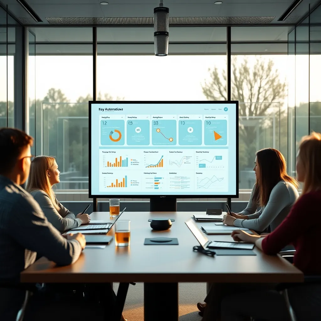 Réunion d'équipe autour d'un dashboard SaaS d'automatisation et d'analytics