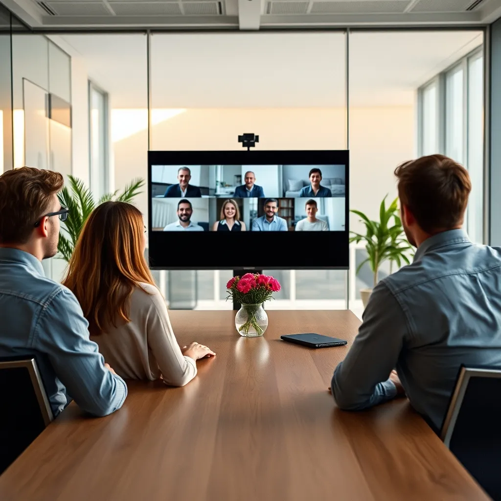 Réunion hybride en salle de conférence avec une appli de visioconférence sur grand écran