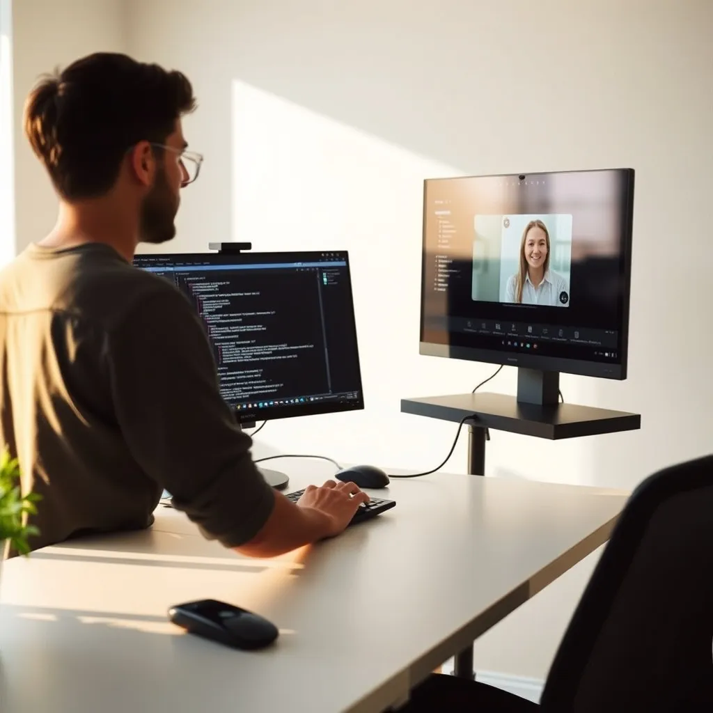 Un développeur freelance utilise la visioconférence pour collaborer à distance avec son équipe