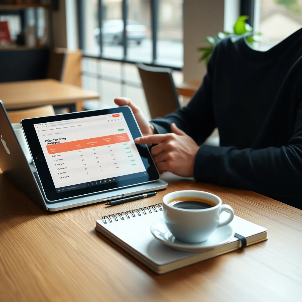 Comparaison des tarifs de registrars sur tablette et ordinateur dans un café parisien