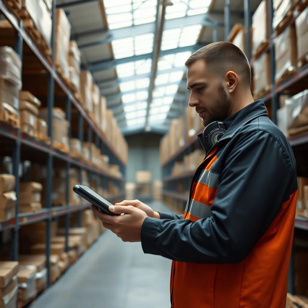 Responsable logistique utilisant une tablette pour gérer les stocks dans un entrepôt industriel