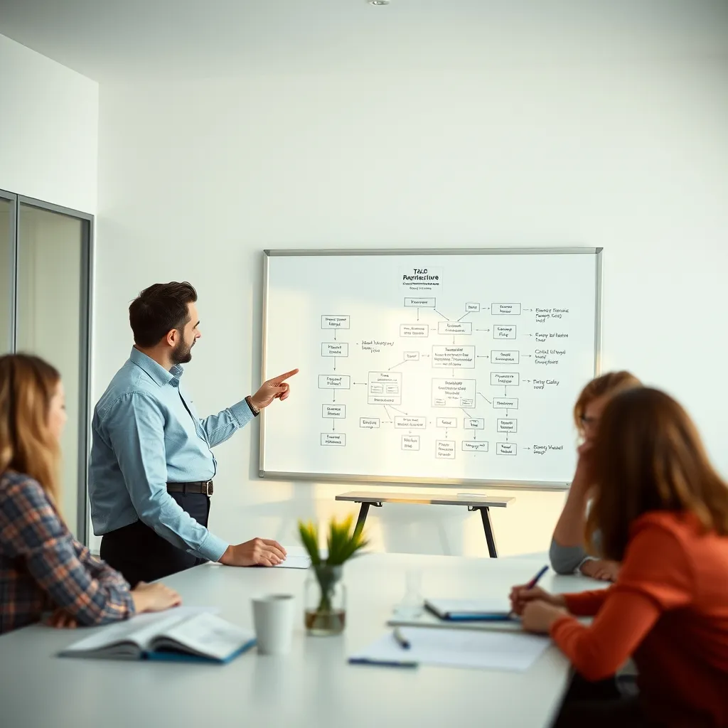Un consultant présente l'architecture d'un système de gestion intégré à son équipe
