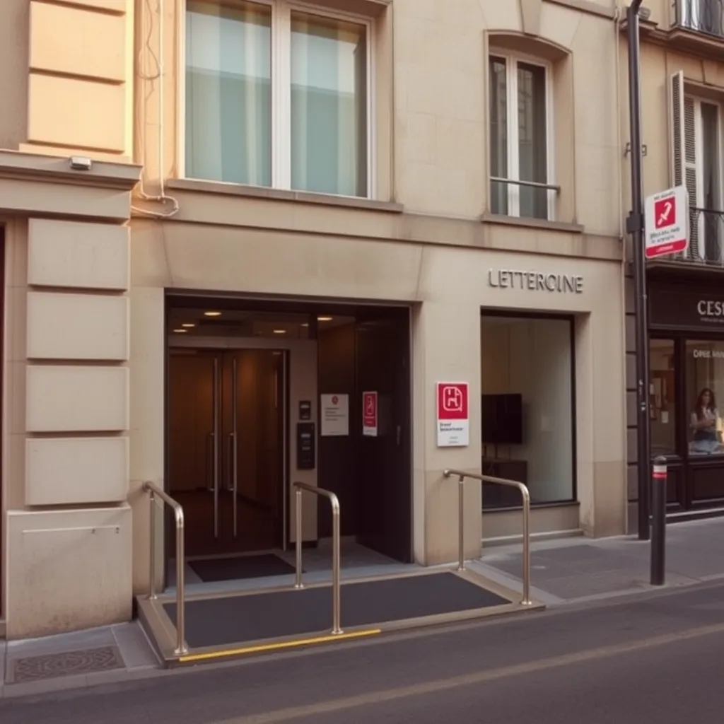 Entrée d'un commerce conforme aux normes d'accessibilité et de sécurité incendie ERP type M