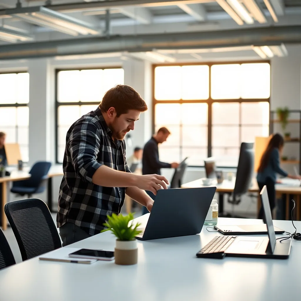 Deux développeurs collaborent sur le choix d un framework dans un espace de coworking