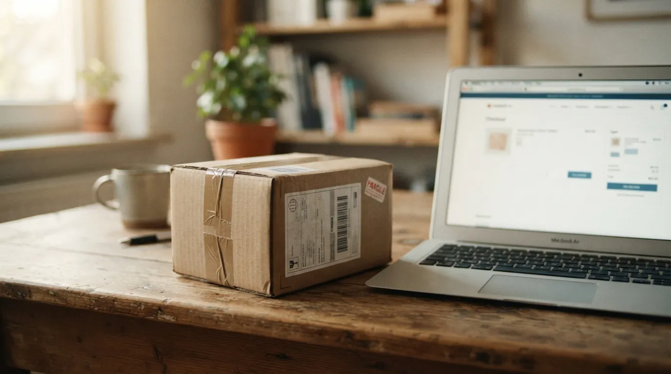 Colis prêt à l'expédition à côté d'un écran de commande en ligne