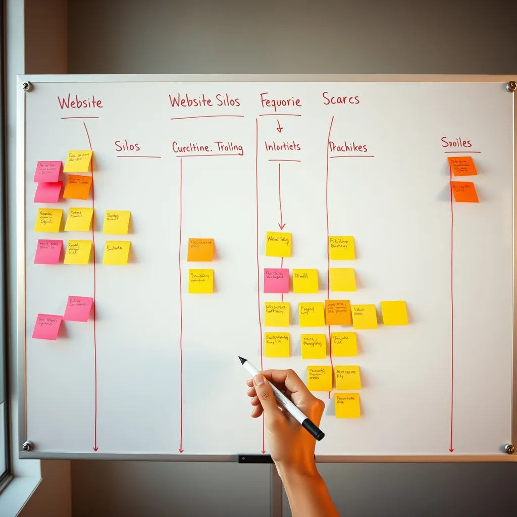 Organisation visuelle d'un maillage interne en silos thématiques sur un tableau blanc de travail